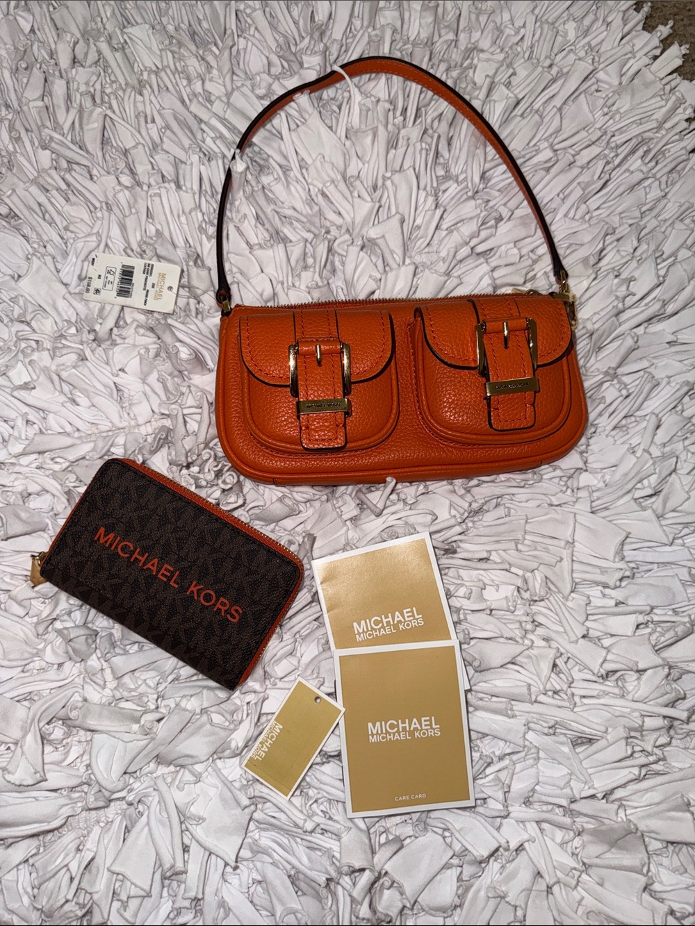 Michael Kors Orange Leather Double-Pocket Shoulder Bag, + Logo MJ Wallet🔥🔥🔥🔥 - Picture 1 of 8